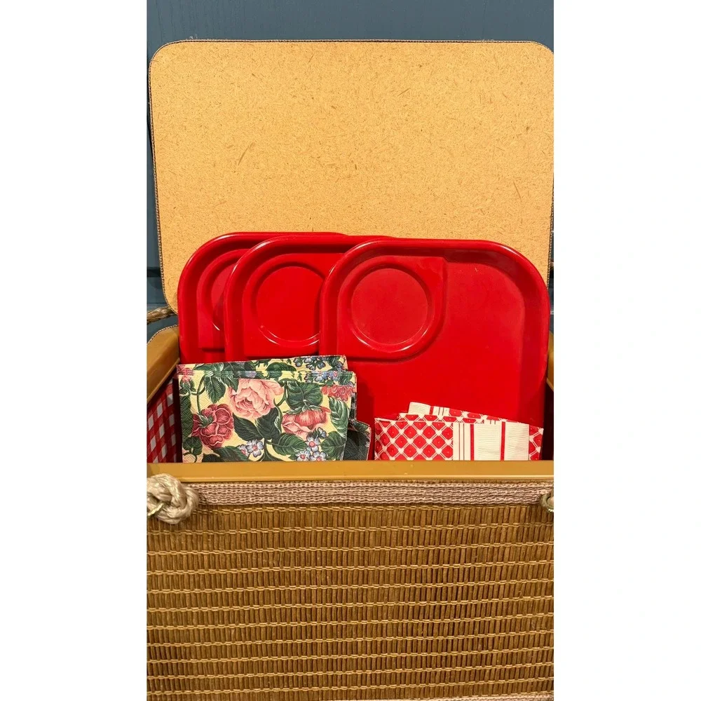 Vintage Burlington Hawkeye Picnic Basket Woven Rope Handles Red Gingham 3 Trays